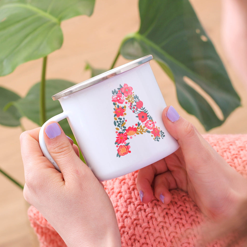 Personalised Floral Initial Enamel Mug For Her