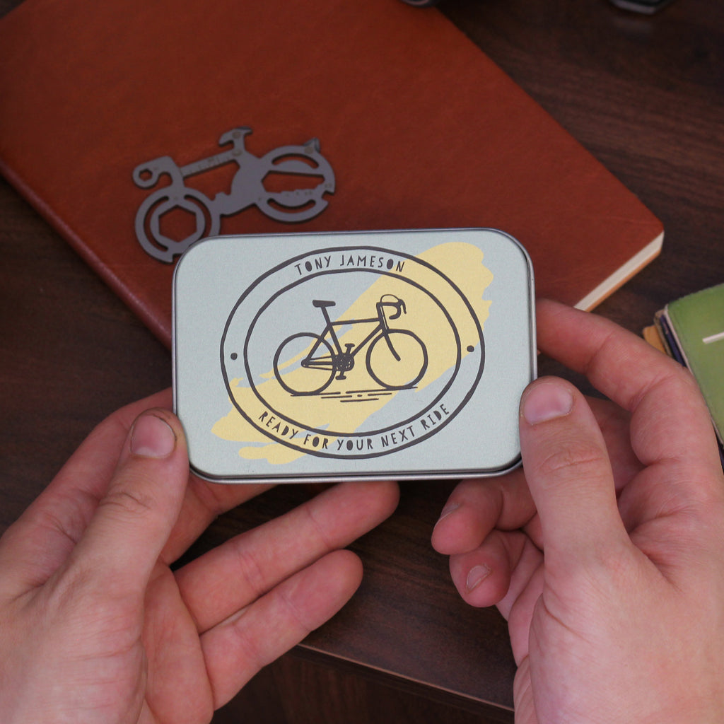 Personalised Hand Drawn Cycling Bike Tool Tin Gift