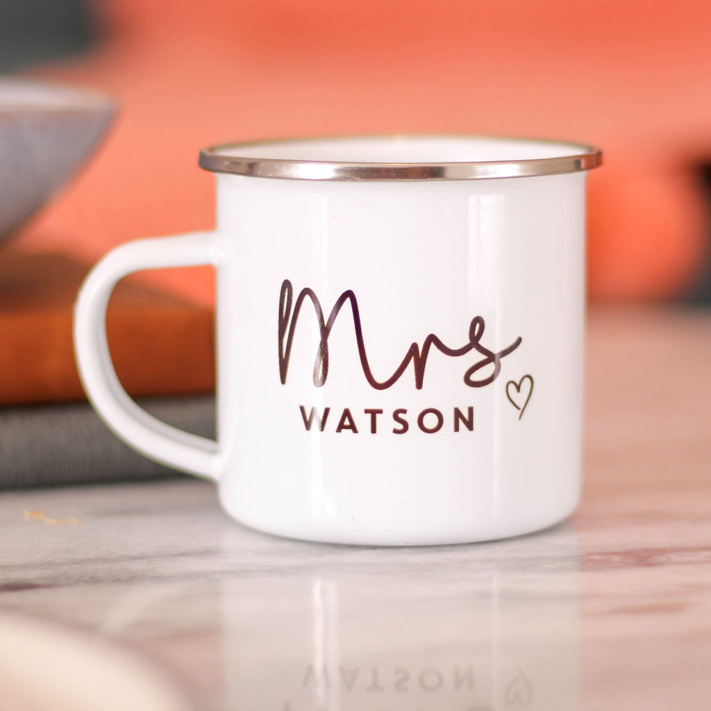 Personalised Mr And Mrs Heart Enamel Mug