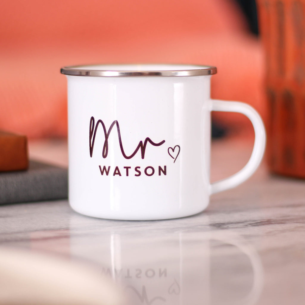 Personalised Mr And Mrs Heart Enamel Mug