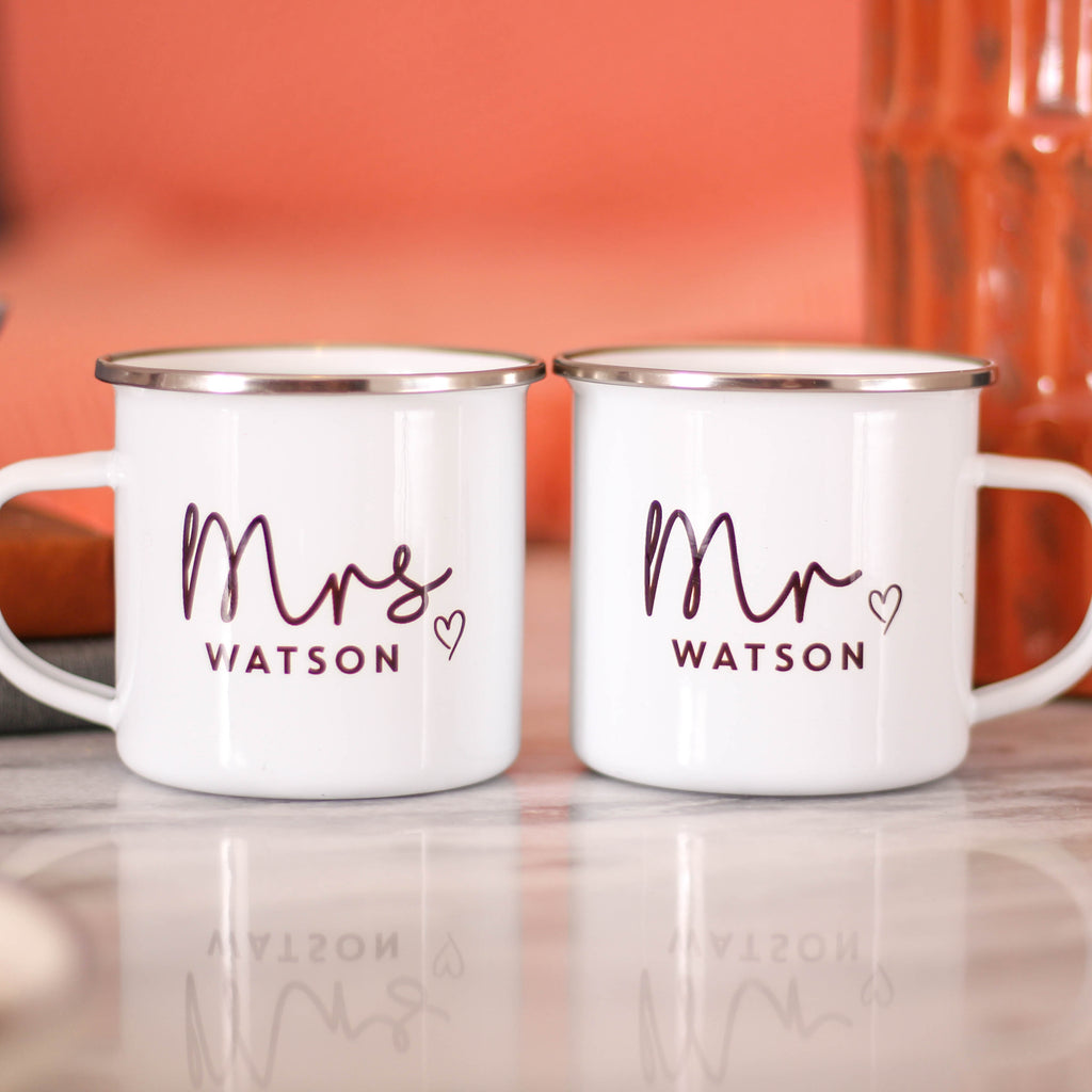 Personalised Mr And Mrs Heart Enamel Mug