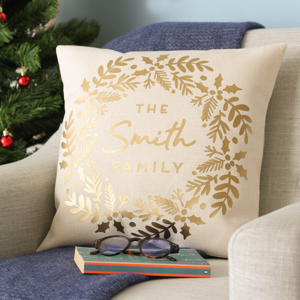 Personalised Metallic Gold Christmas Wreath Cushion