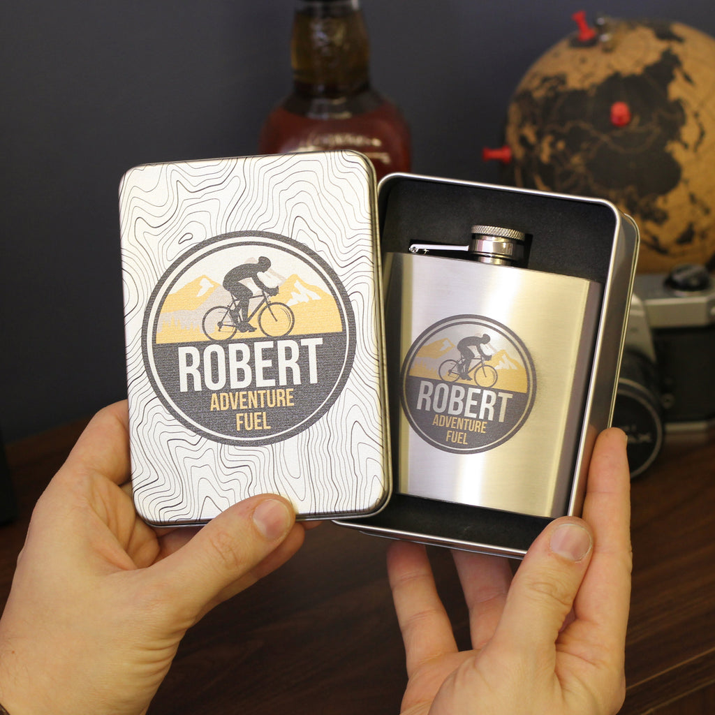 Personalised Road Bike Tin Hip Flask With Matching Tin