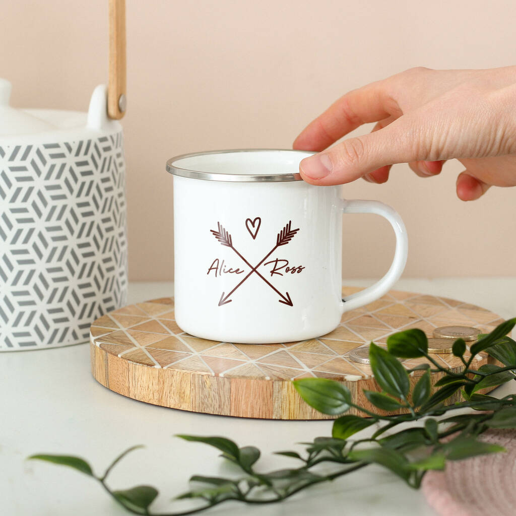 Personalised Couples Heart And Arrows Enamel Mug