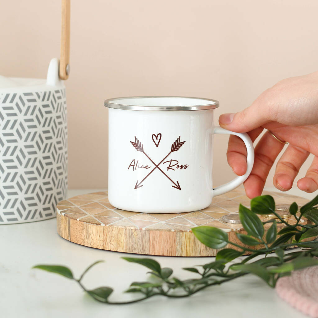 Personalised Couples Heart And Arrows Enamel Mug