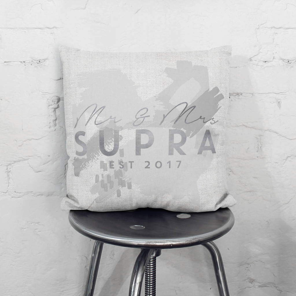 Personalised Grey Mr And Mrs Paint Stroke Cushion